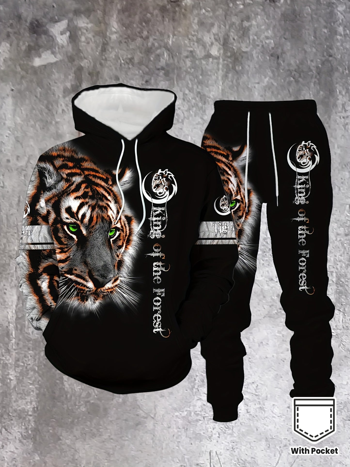 Men's Casual Color "King Of The Forest" Tiger Printed Hoodies Long Sleeved Sweatshirts & Sweatpants Two-Piece Set