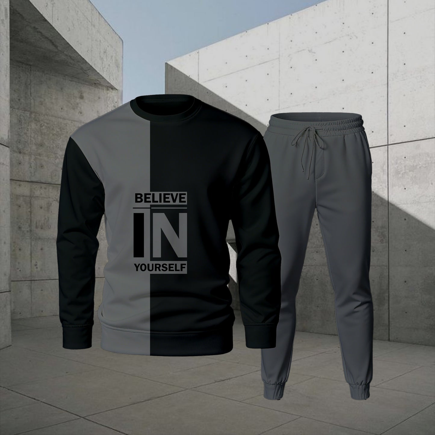 Men's Casual Color Matching Printed Round-Neck Long-Sleeve Sweatshirts Trousers Two-Piece Set