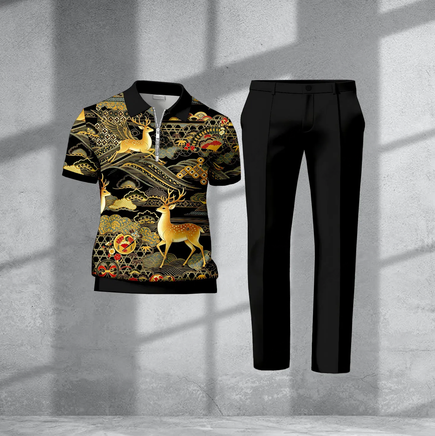 Men's Casual Black Deer Two-Piece Set: Striped Short-Sleeve Top And Zip-Detail Trousers