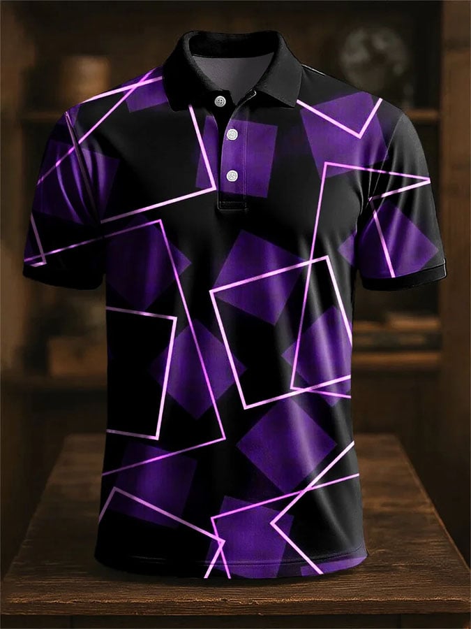Men'S Casual Color Block Print Polo Shirt Short Sleeve