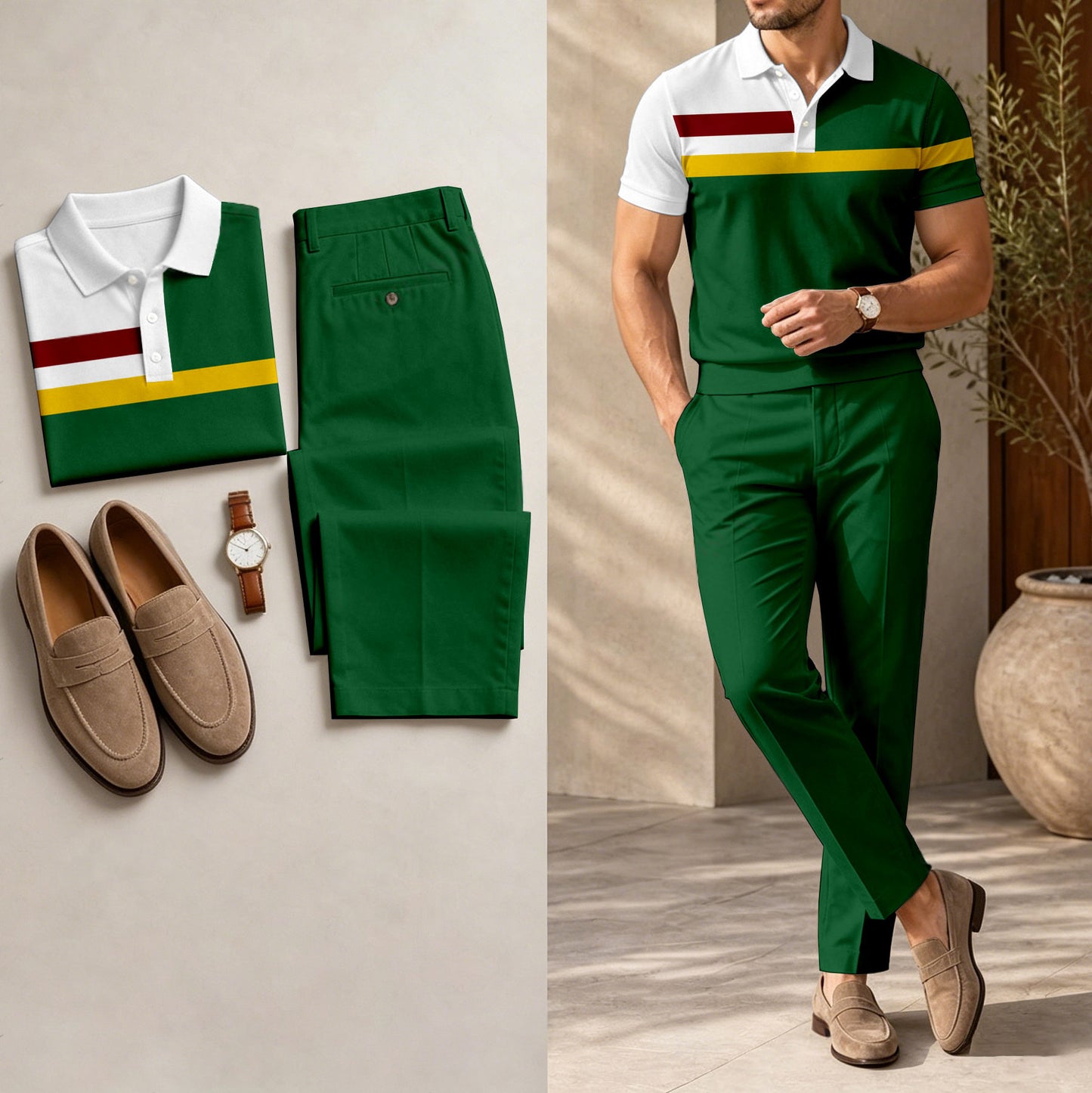 Men's Casual Dark Green Geometric Printed Polo Shirt And Pants Two-Piece Set