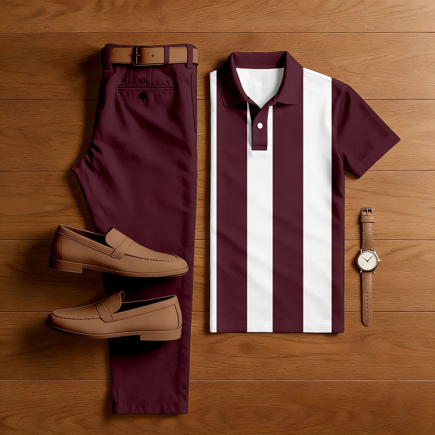 Men's Casual Burgundy & White Stripes Printed Polo Shirt And Pants Two-Piece Set