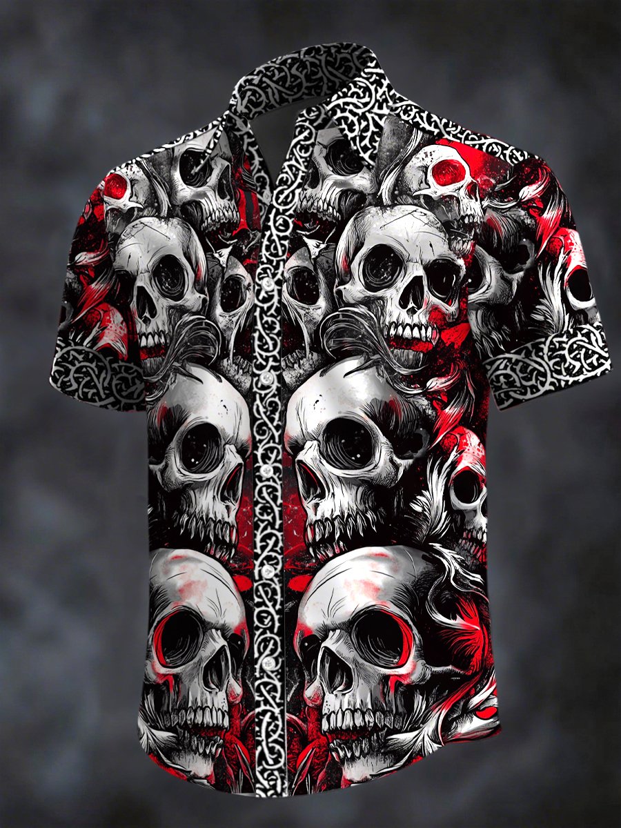 Men's Retro Horror Skull Print Lapel Short Sleeve Shirt
