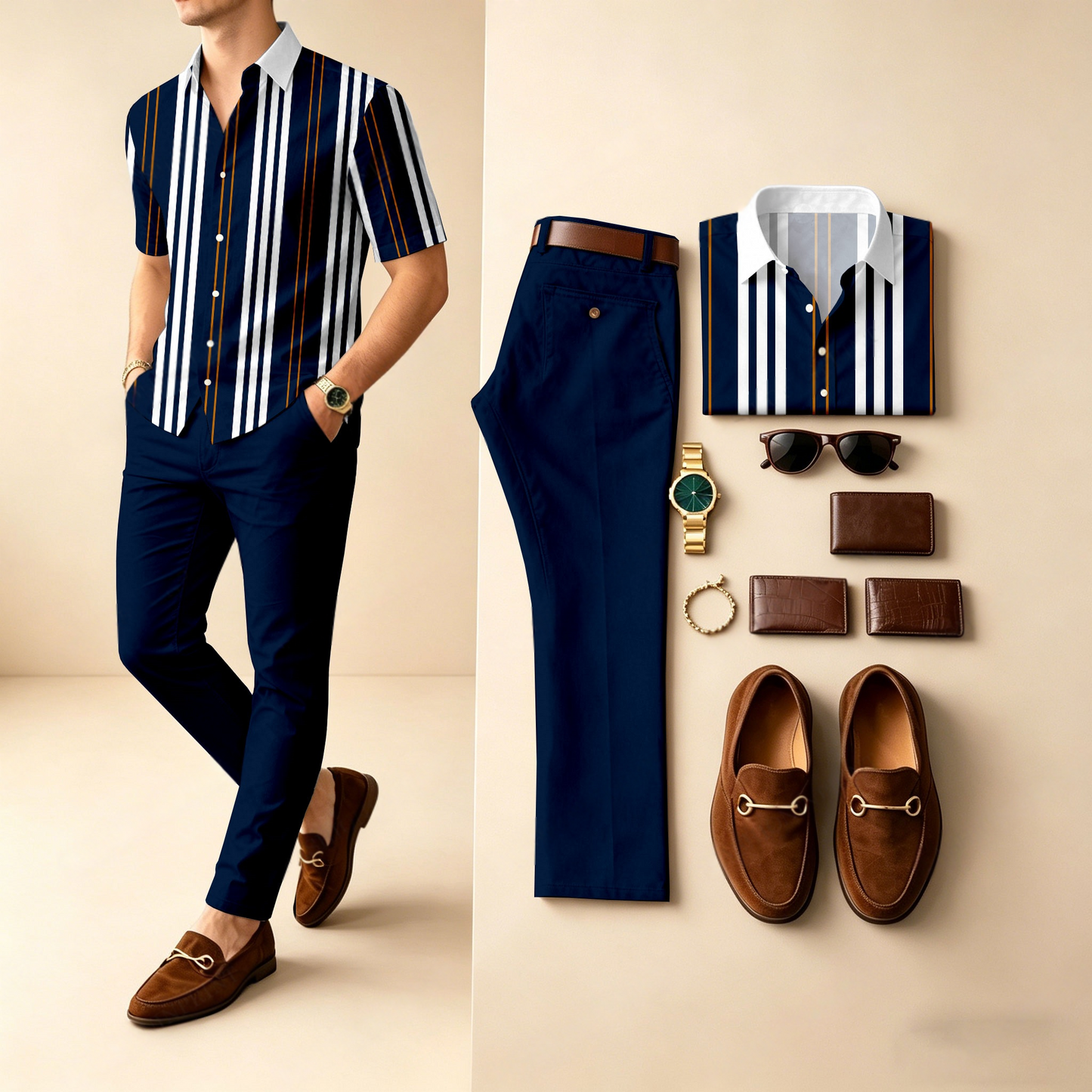 Men's Casual Black & White Stripes Printed Polo Shirt And Pants Two-Piece Set