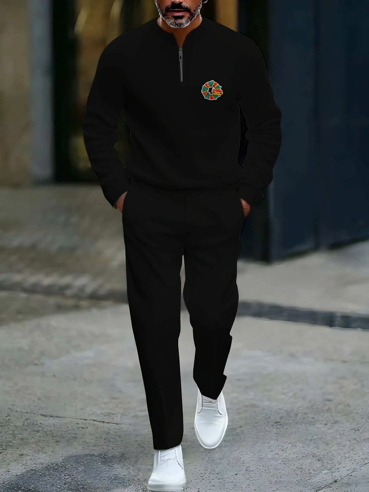 Men's Casual Black Color Matching Christmas Printed Round-Neck Zipper Long Sleeved Sweatshirt & Trousers Two-Piece Set