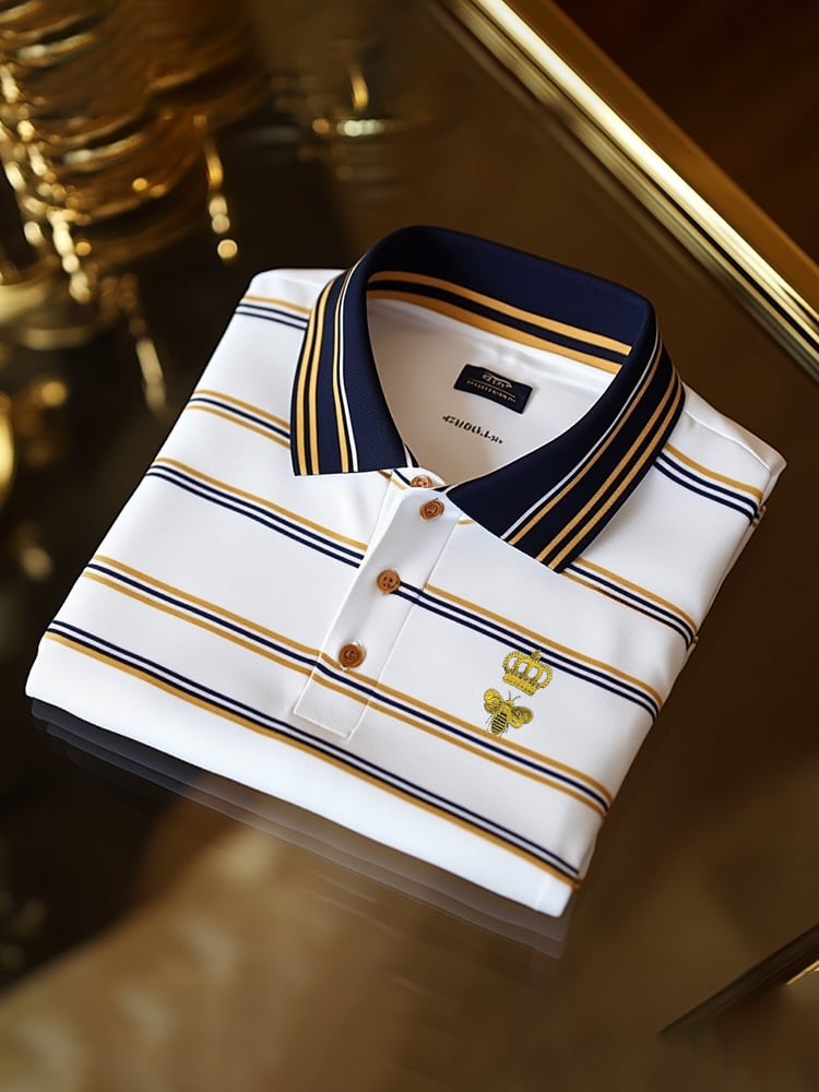 Men's Classic Business Check Logo Button Short Sleeve Polo Shirt