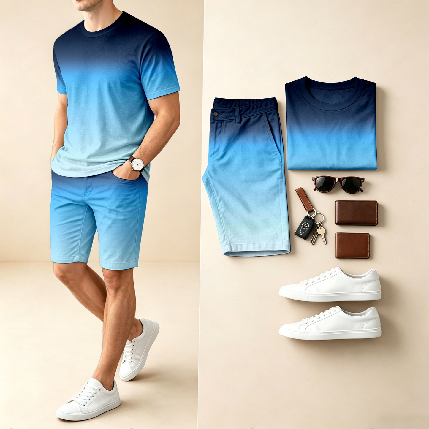 Men's Casual Gradient-Print Round-Neck Short-Sleeve T-Shirt And Shorts Two-Piece Set