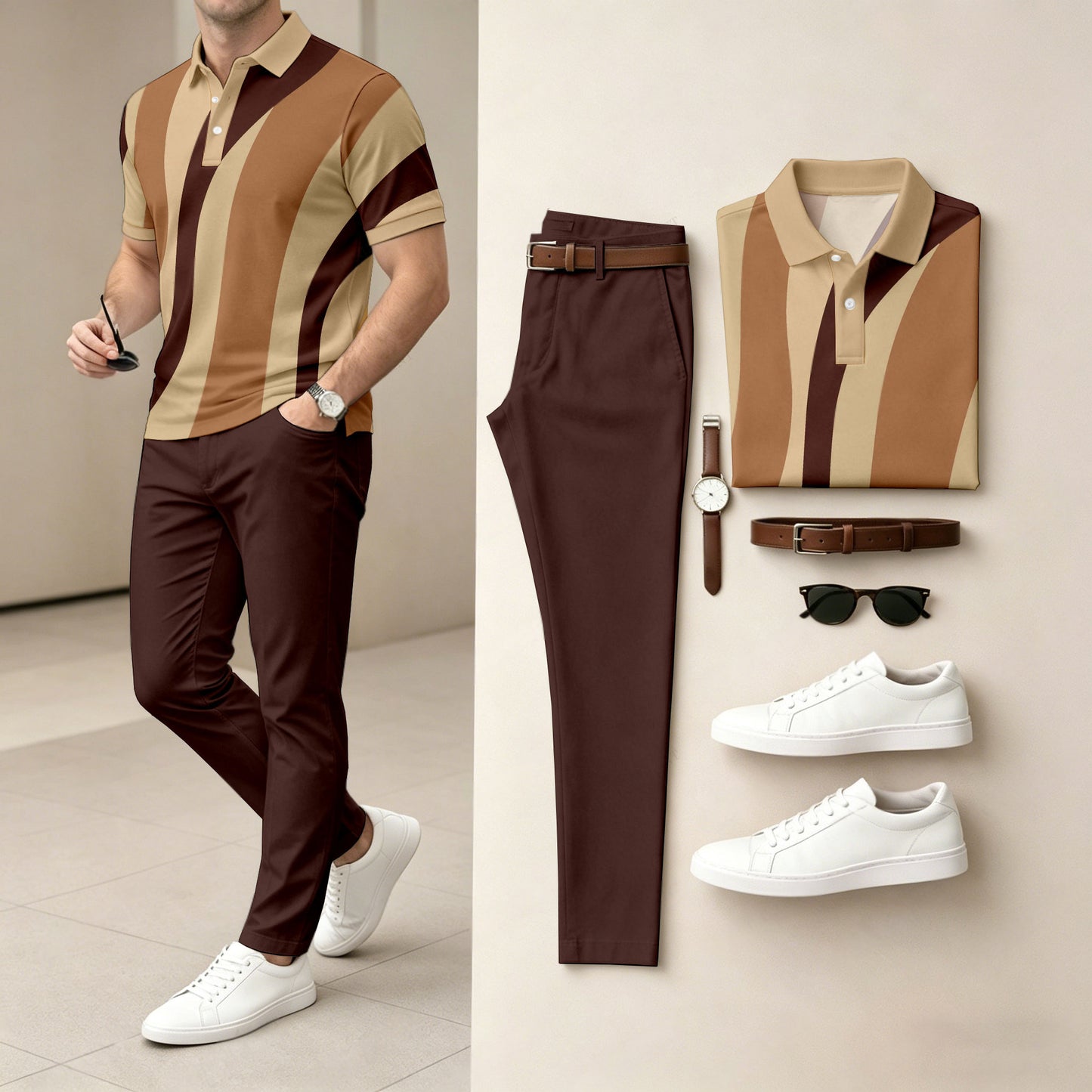Men's Casual Two-Color Geometry Printed Polo Shirt And Pants Two-Piece Set