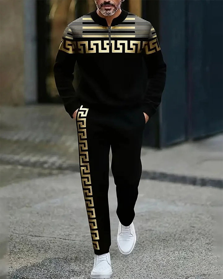 Men's Casual Color Matching Printed Round-Neck Zipper Long Sleeved Trousers Two-Piece Set