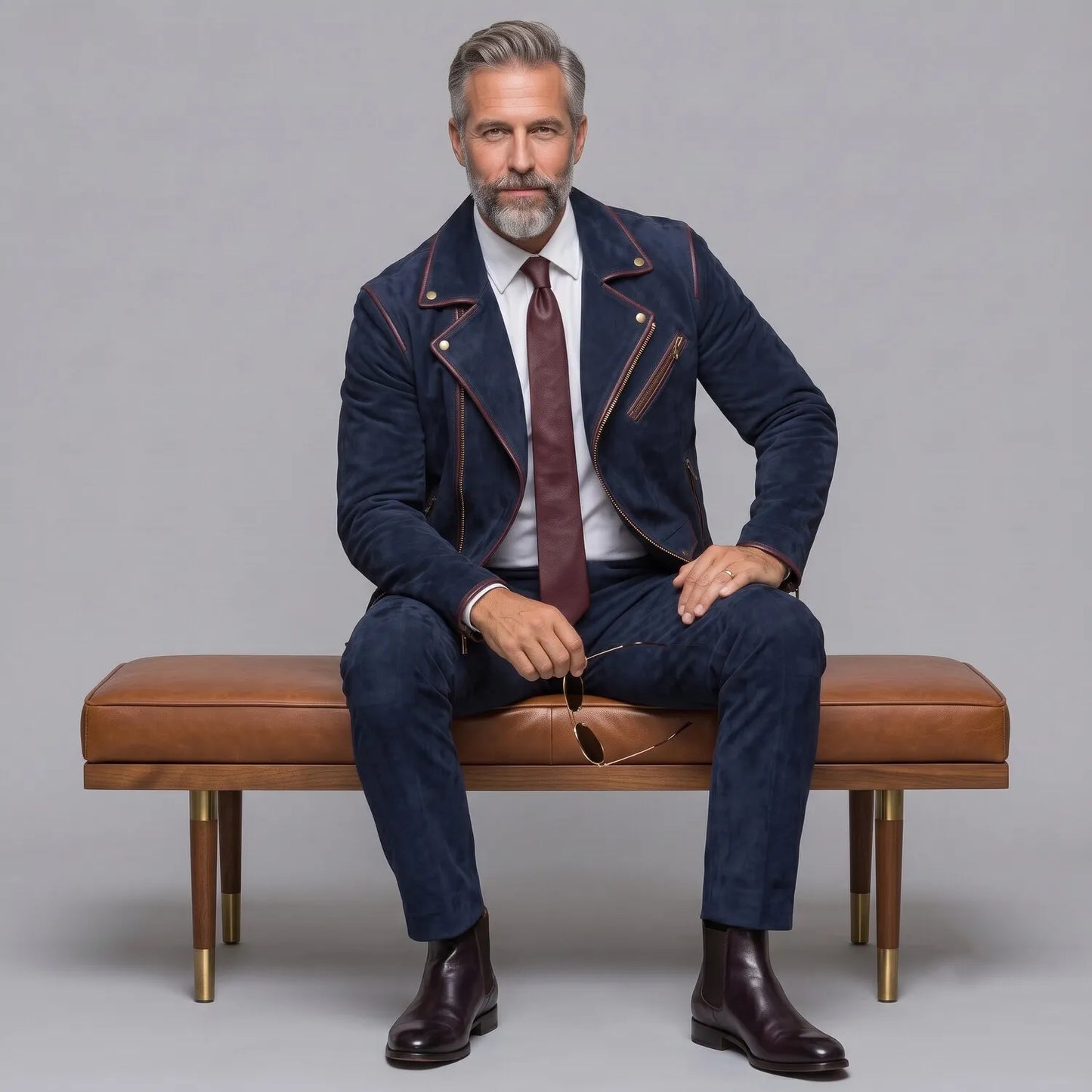 Men's Classic Navy Blue Suede Contrast Piping Asymmetrical Zipper Slim Fit Jacket