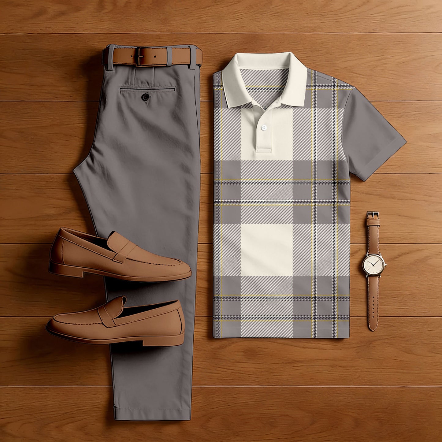 Men's Casual Brown Plaid Printed Polo Shirt And Pants Two-Piece Set