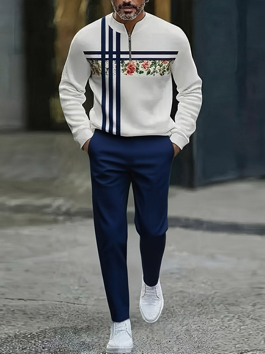 Men's Casual Royal Blue & White Color Matching Geometric Printed Round-Neck Zipper Long Sleeved Sweatshirt & Trousers Two-Piece Set
