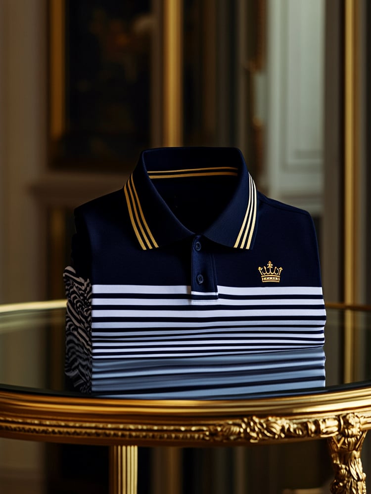 Men's Business Casual Striped Crown Button Short Sleeve Polo Shirt