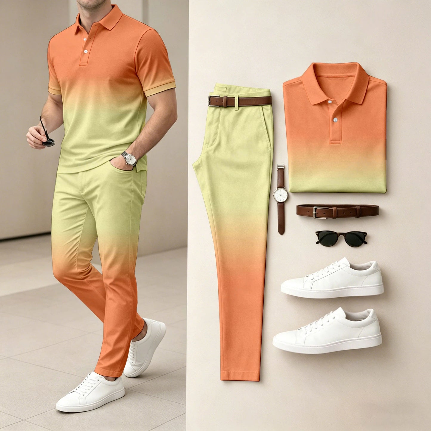 Men's Ombré Color Short-Sleeve Polo Shirt and Pants Two-Piece Set