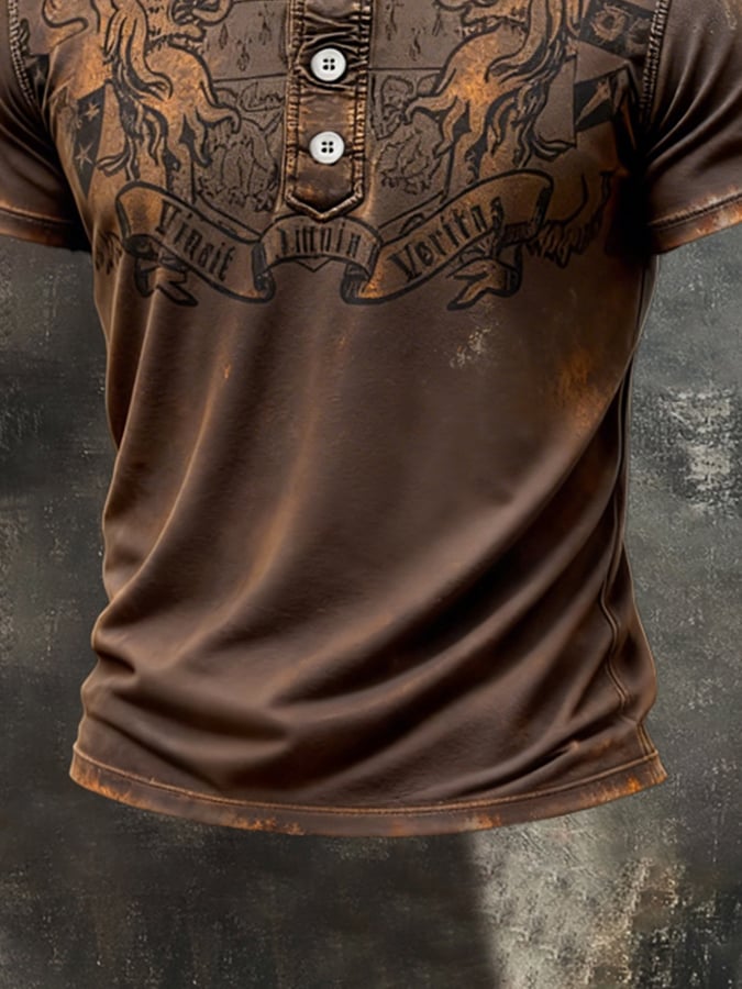 Men's Retro Print Color Block Henley Collar Short-Sleeve Top