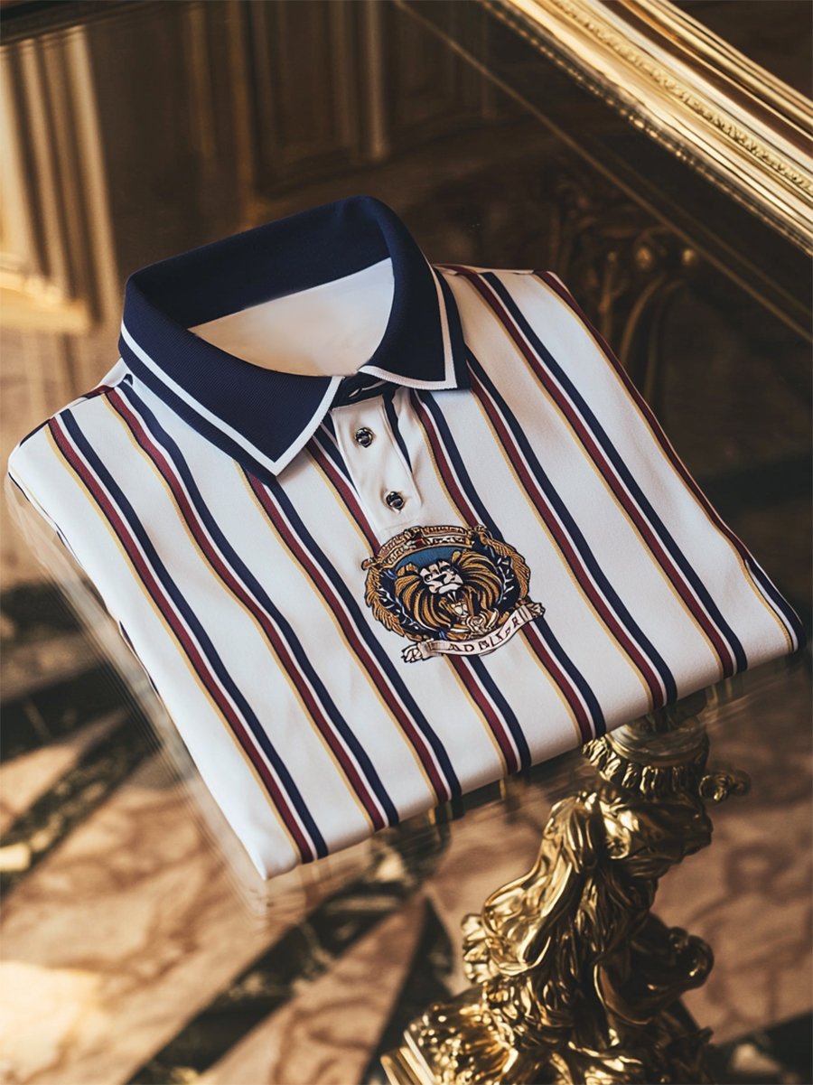 Men's Business Casual Striped Button Short Sleeve Polo Shirt