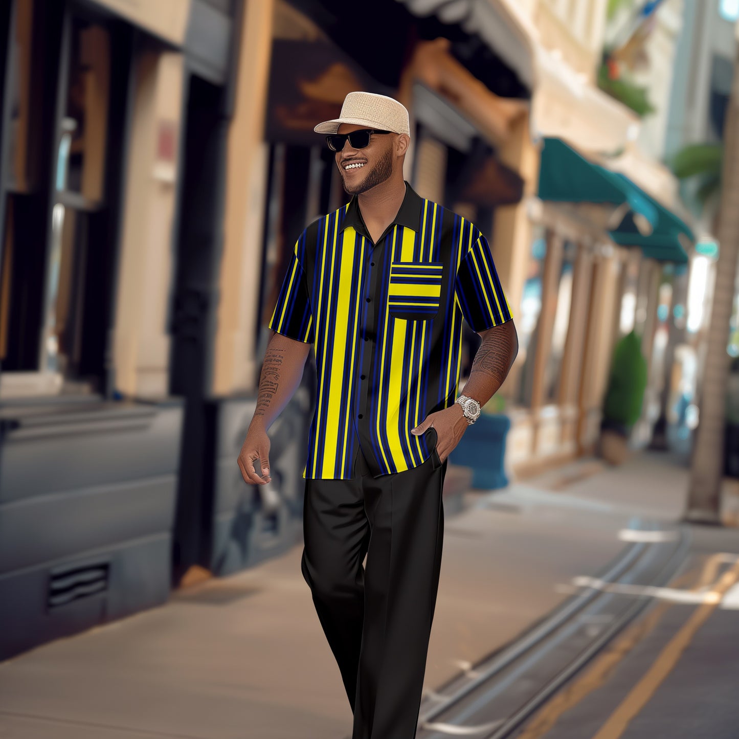 Men's retro colorblock short-sleeved shirt walking Suit 1684