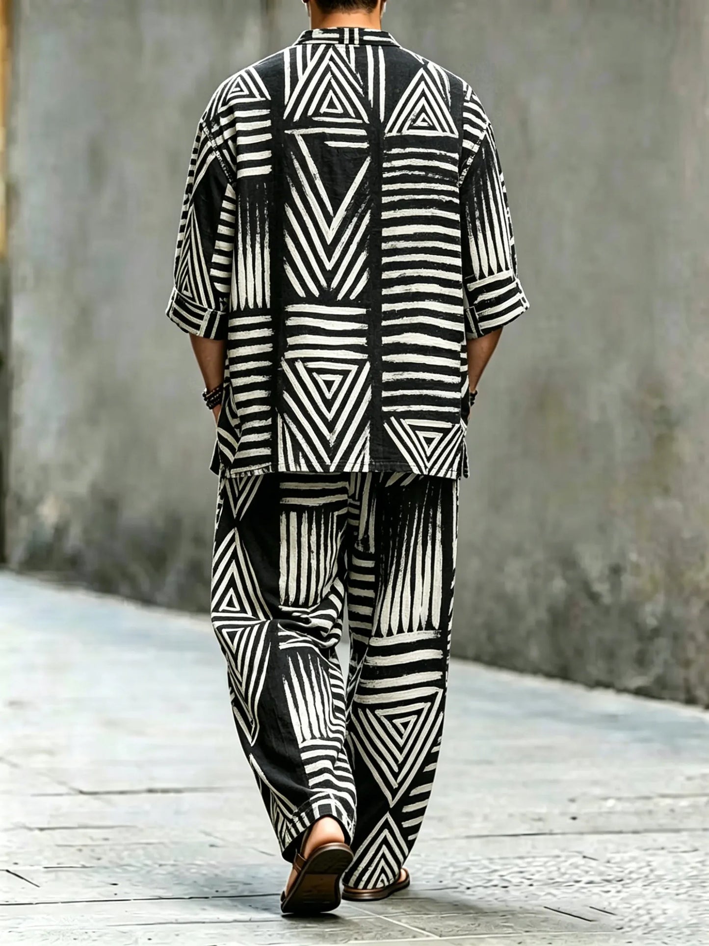 Men's Vintage Abstract Art Printed Cotton Shirt Set (Top & Pants)
