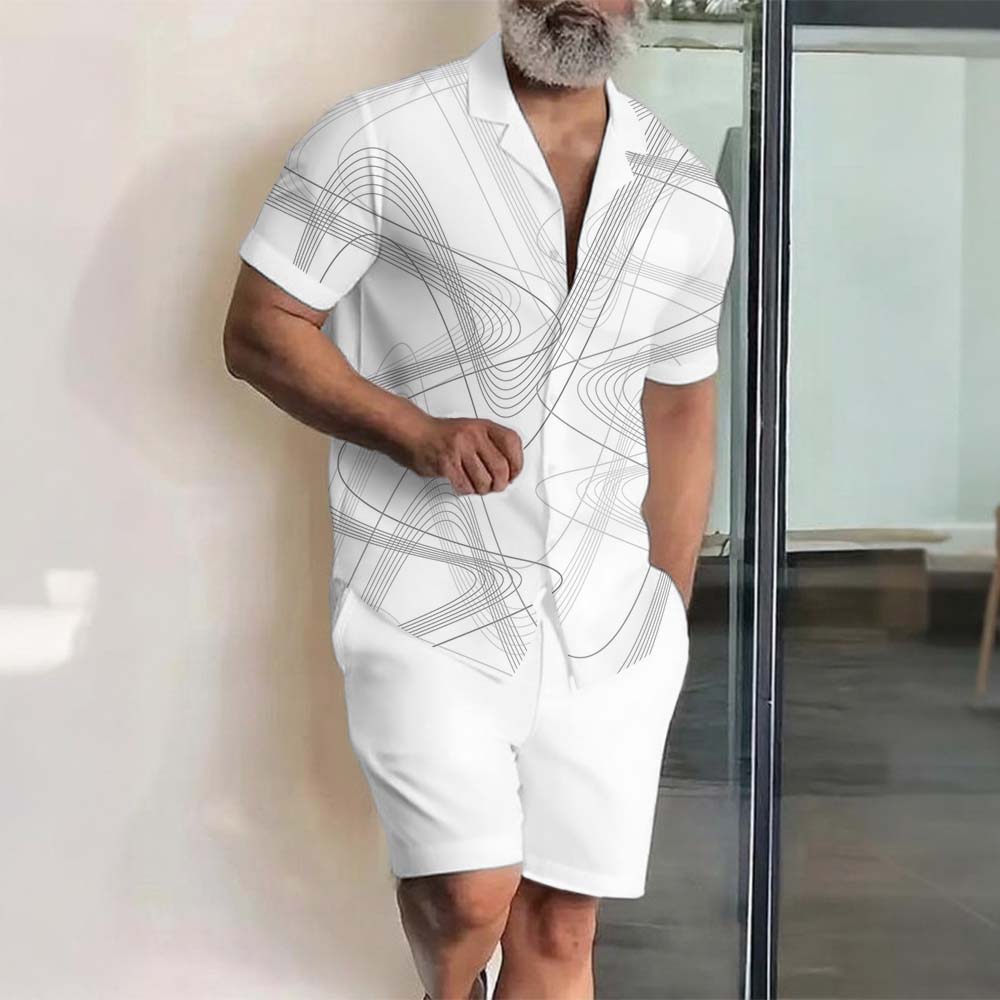 Men's Hawaii Vacation Printed Lapel Collar Short-Sleeved Two-Piece Set