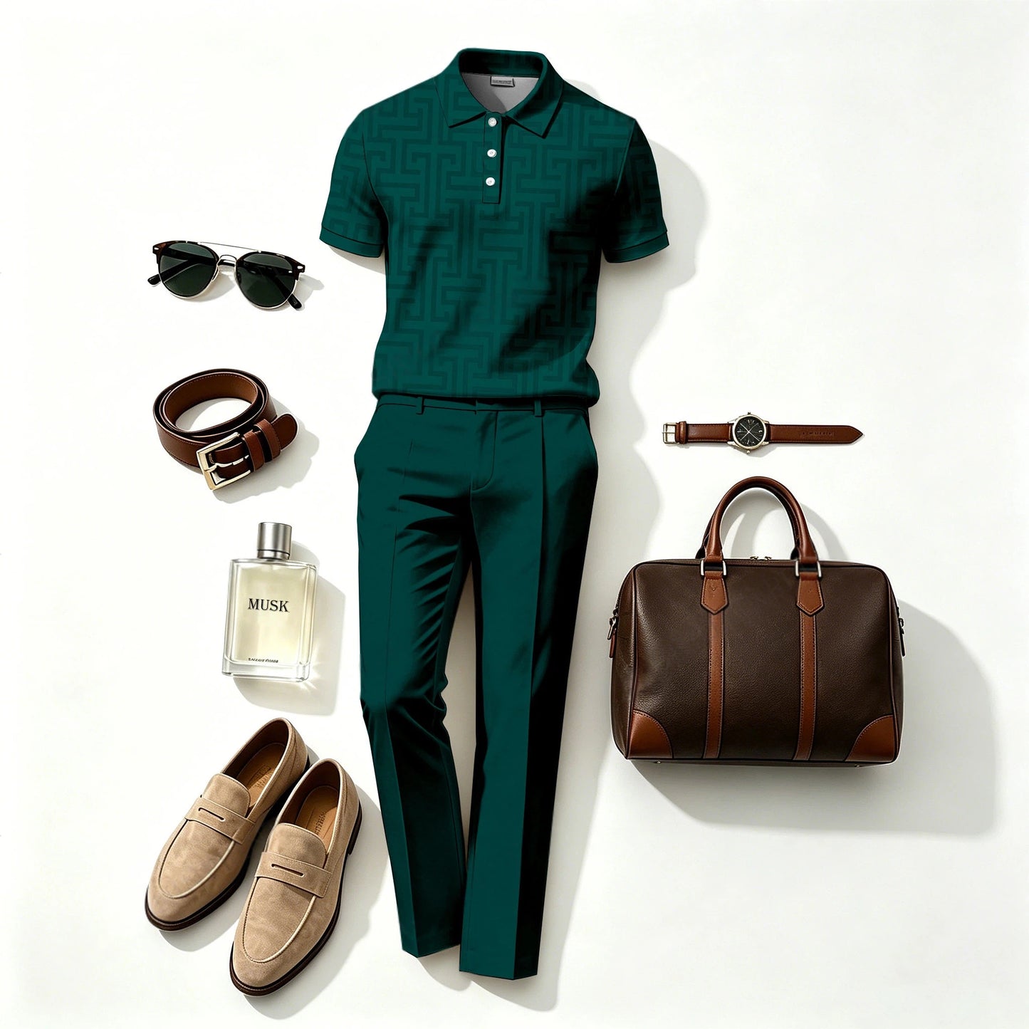 Men's Casual Green-Background Swastika-Print Short-Sleeve Polo Shirt and Pants Two-Piece Set (Does Not Include Accessories Such As Watches Or Glasses)
