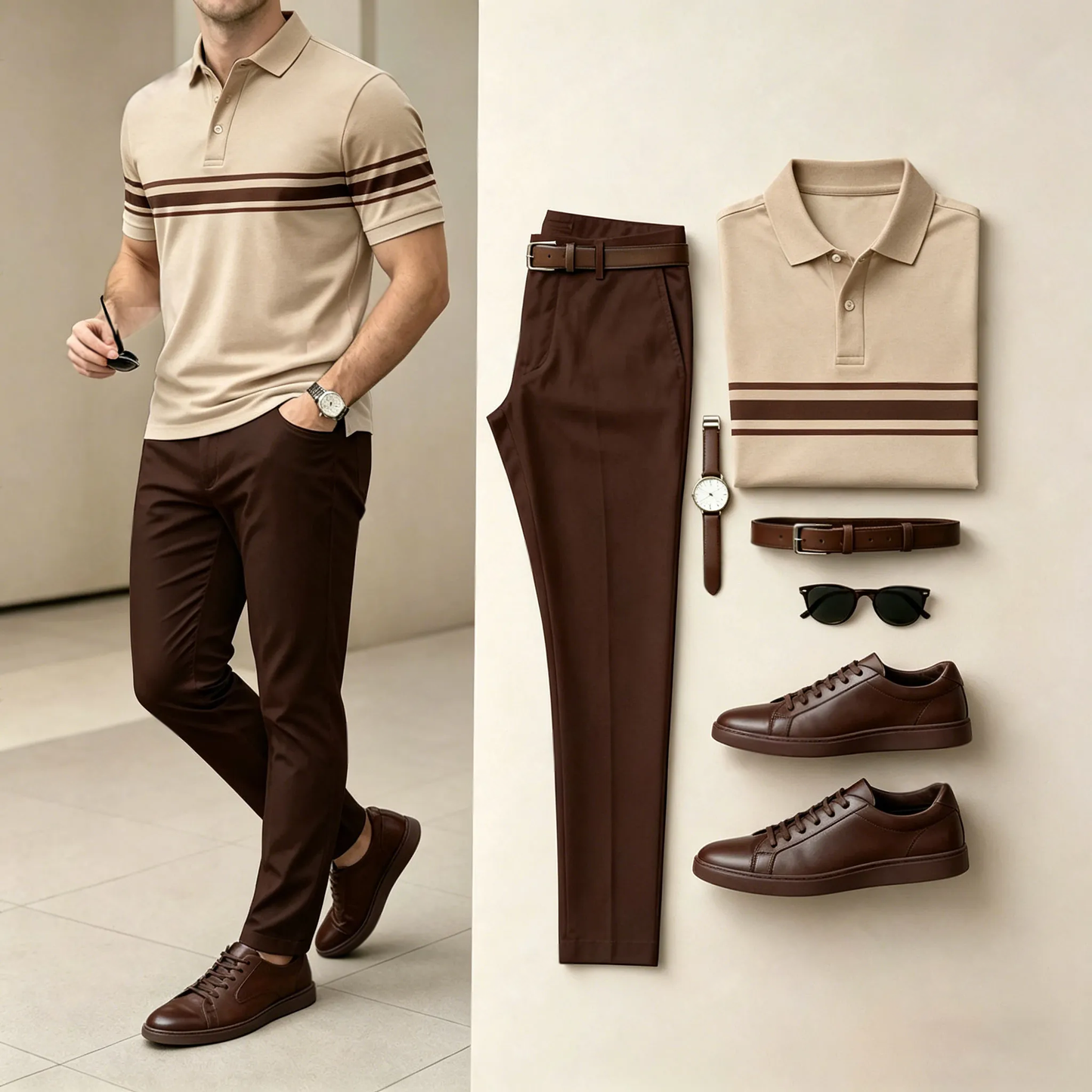 Men's Casual Khaki Printed Polo Shirt And Pants Two-Piece Set