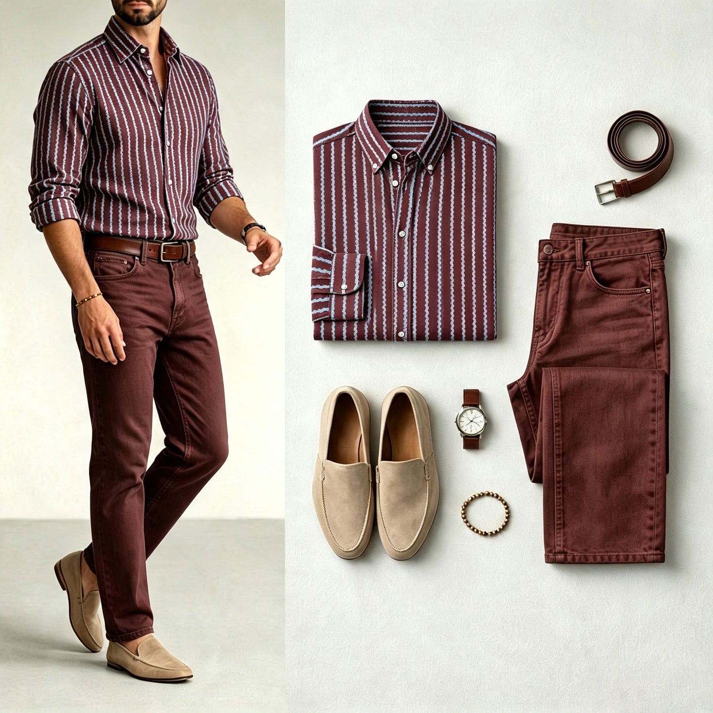 Men's Striped Print Long-Sleeve Shirt and Jeans Set