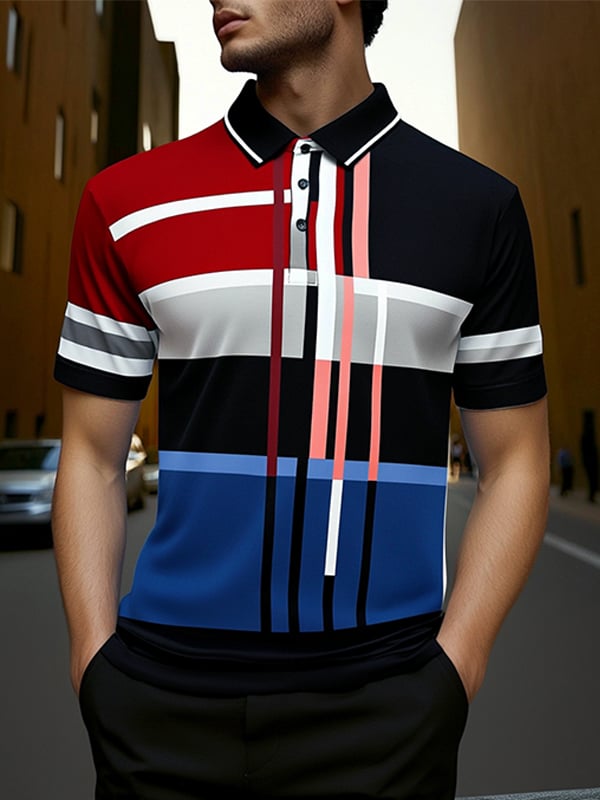 Men's Business Stripe Logo Button-Down Short Sleeve Polo Shirt