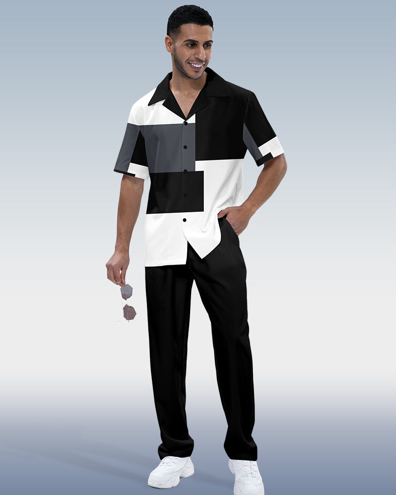 Men's Color Block Luxury Printed Short Sleeve Shirt Walking Set 1015