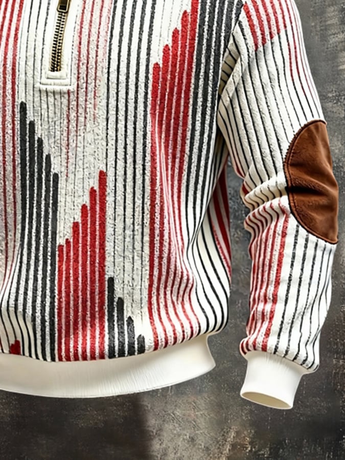 Men's Retro Color Block Print Color-Blocked Zip-Up Sweatshirt
