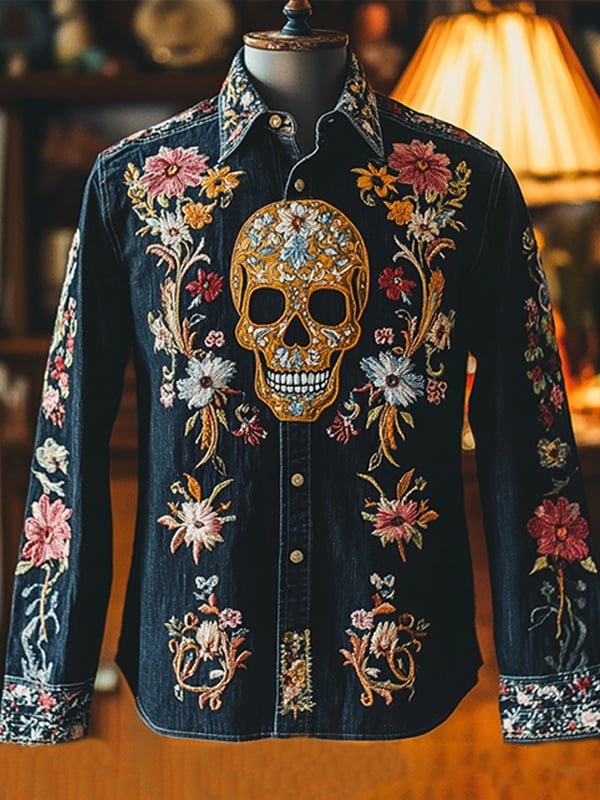 Men's Outdoor Vintage Skull and Floral Print Long Sleeve Shirt