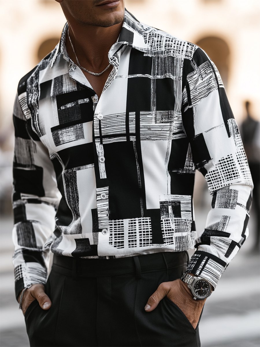 Men's Business Casual Bauhaus Geometric Print Long Sleeve Shirt