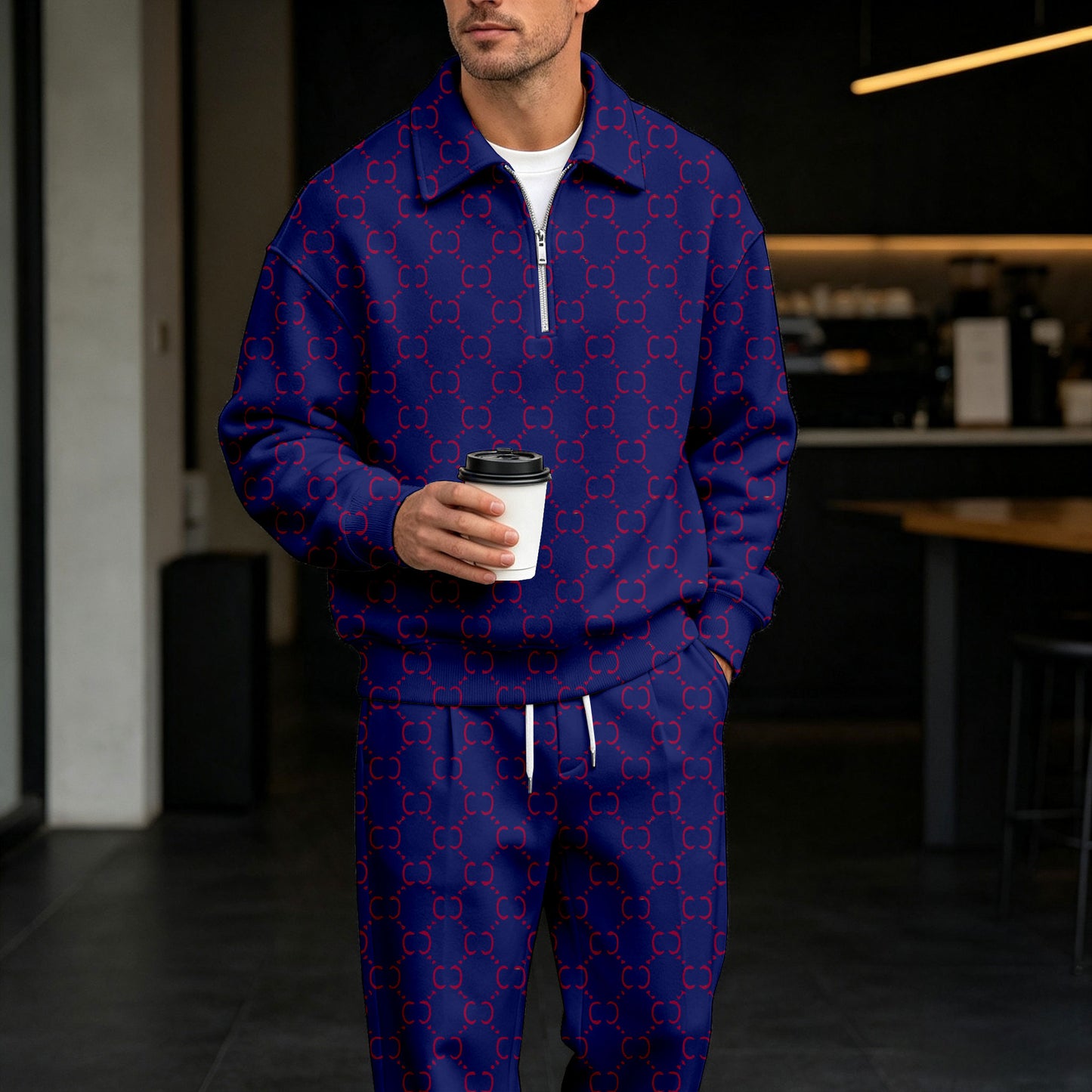Men's Red Printed Zipper Polo Shirt and Pants Set