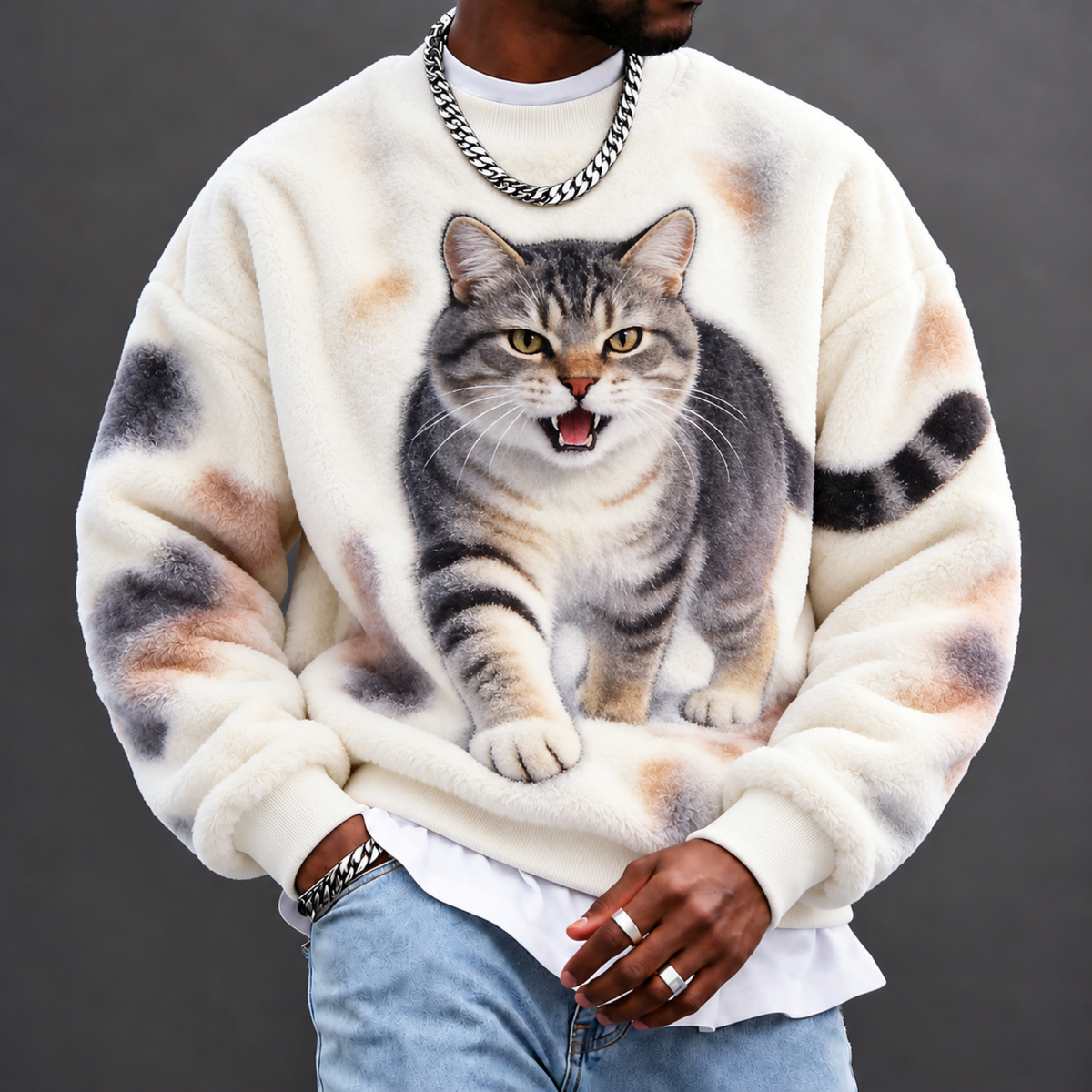 Men's Cute Cat-Print Crewneck Sweatshirt
