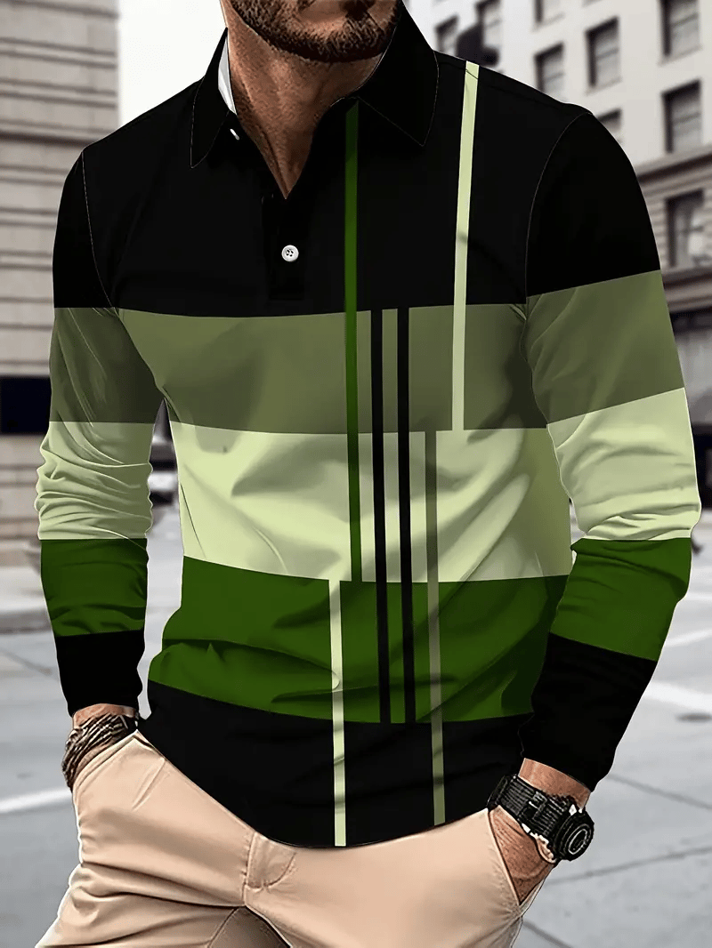 Men's Business Classic Stripe Print Button Polo Shirt