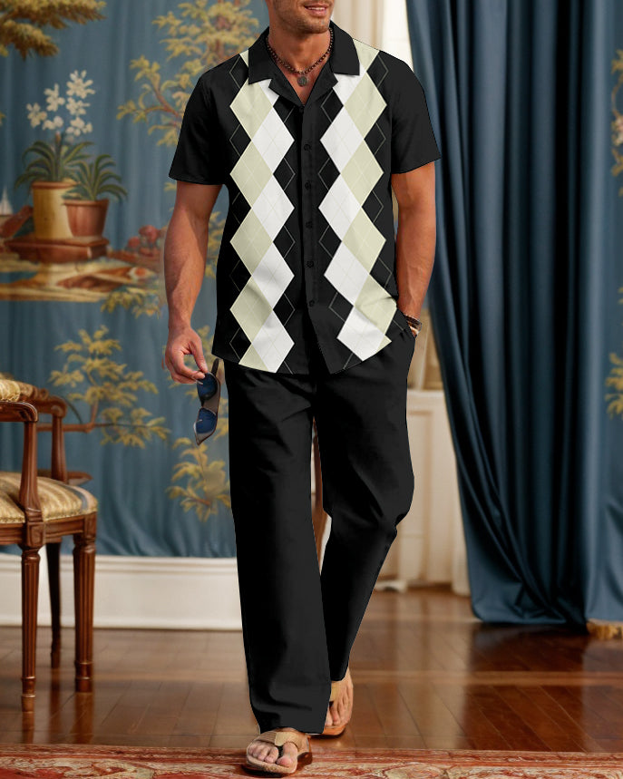 Rianmond Men's Classic Bowling Shirt Contrasting Geometric Stripes Walking Suit