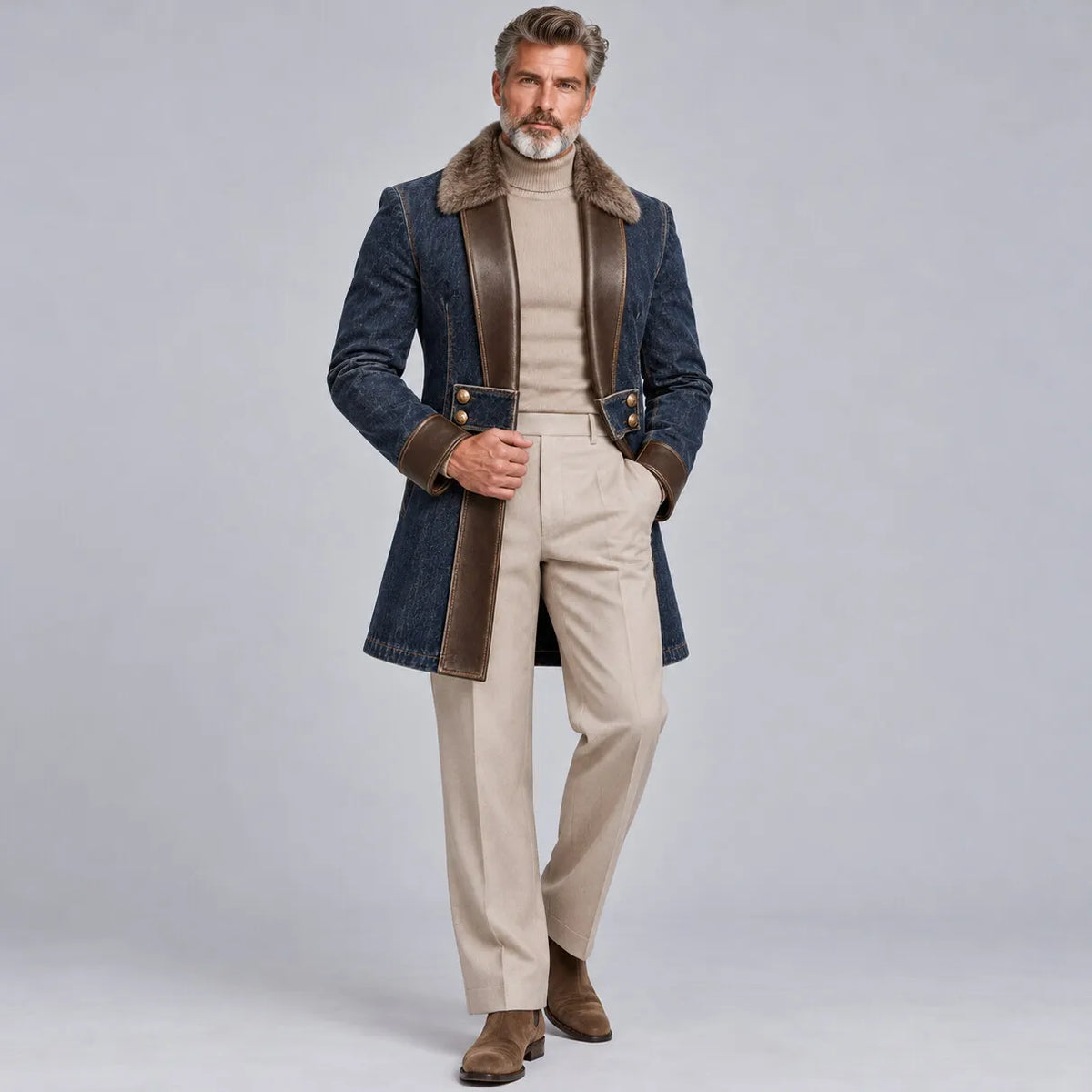 Men's Vintage Navy Blue Denim PU Leather Trim Fuzzy Collar Gold Button Trench Coat