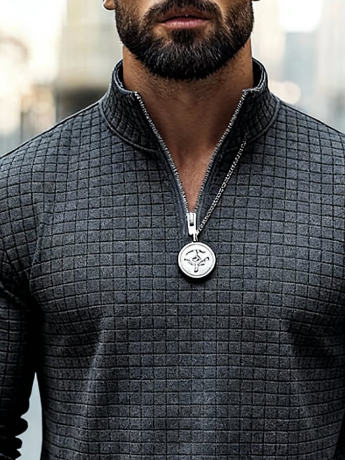 Men's Vintage Knitted Waffle-Knit Zip-Up Sweatshirt