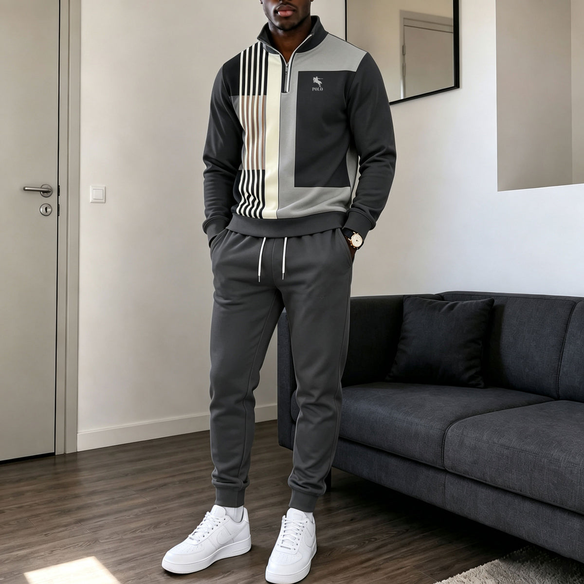 Men's Printed Zipper Stand-Up Collar Sweatshirt and Sweatpants Set