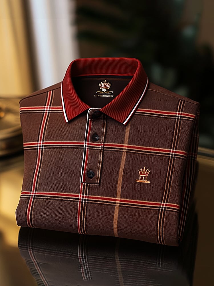 Men's Classic Business Check Logo Button Short Sleeve Polo Shirt