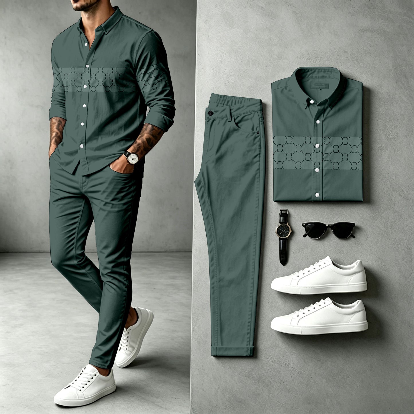Men's Patchwork Long-Sleeve Shirt and Pants Set
