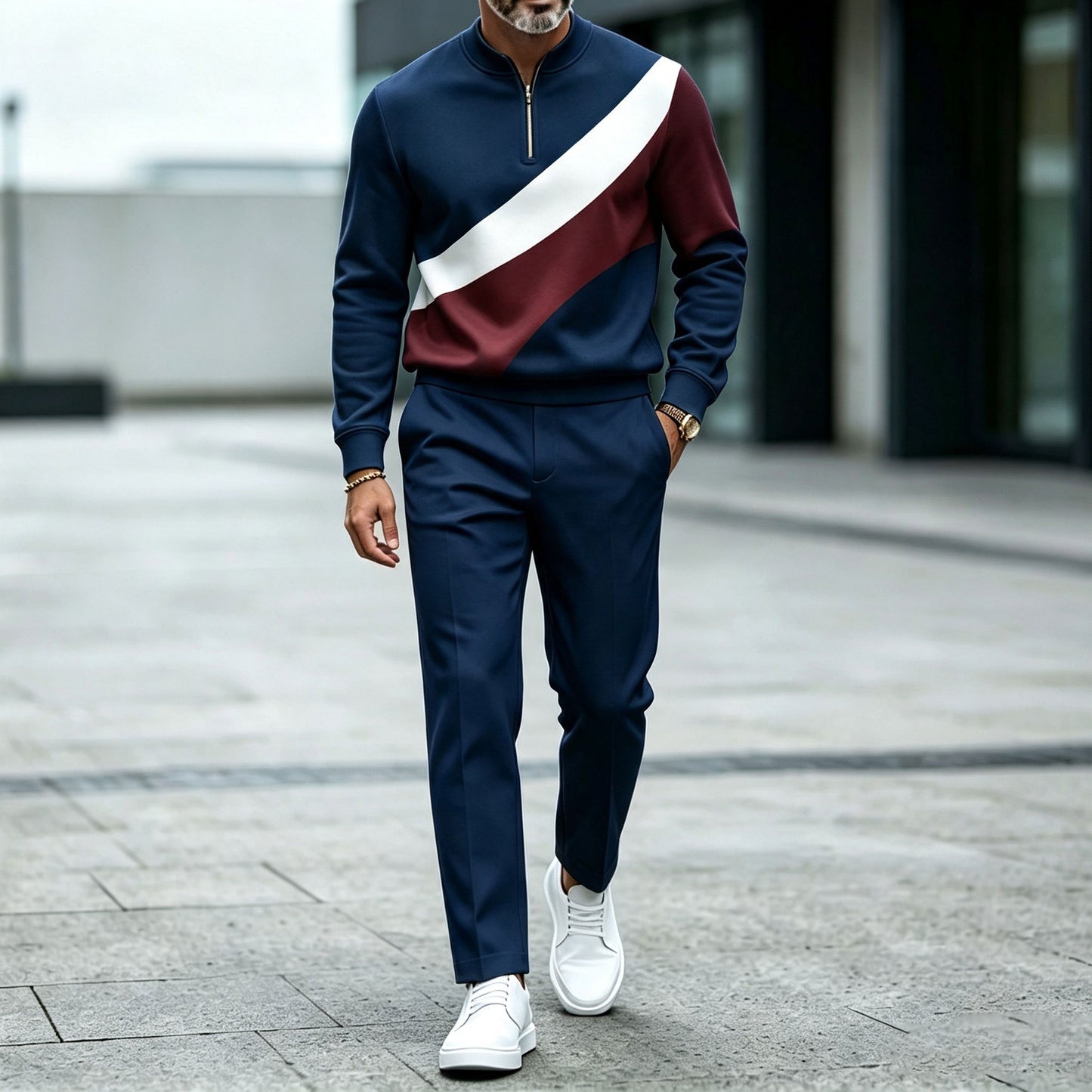 Men's Color-Blocked Round-Neck Zipper Long-Sleeve Top and Pants Set