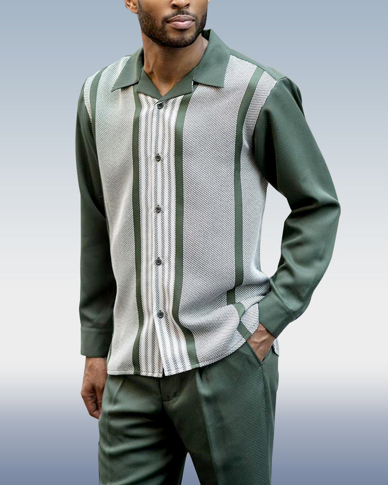Suitmens Long Sleeve Trousers Green Stripes Two-Piece Walking Set