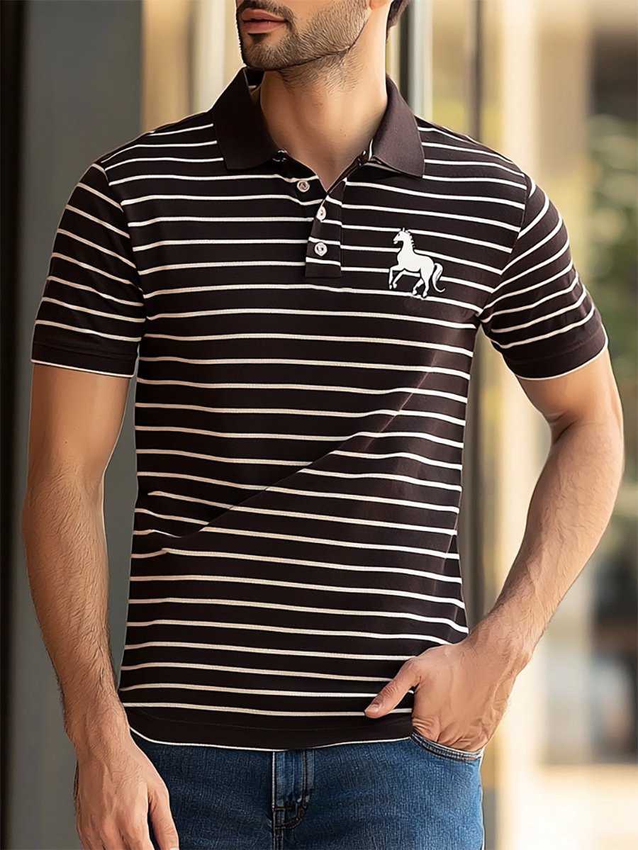 Men's Business Stripe Logo Button-Down Short Sleeve Polo Shirt