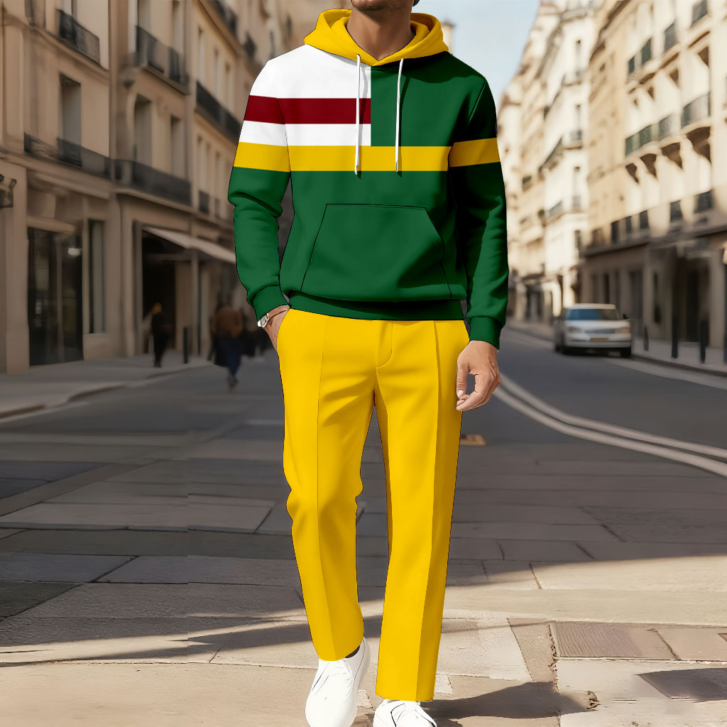 Men's Casual Color Matching Printed Long-Sleeve Hoodies Sweatshirt & Trousers Two-Piece Set