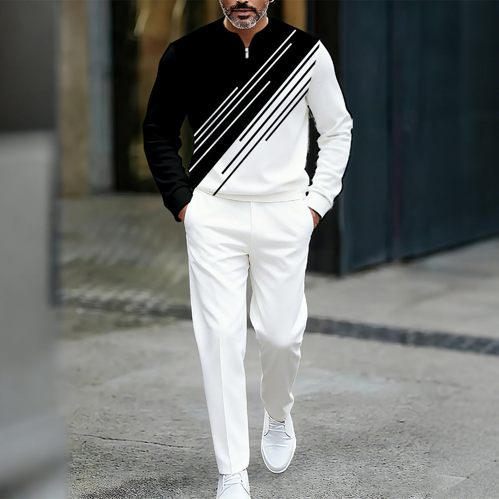 Men's Casual Color Matching Printed Round-Neck Zipper Long Sleeved Trousers Two-Piece Set