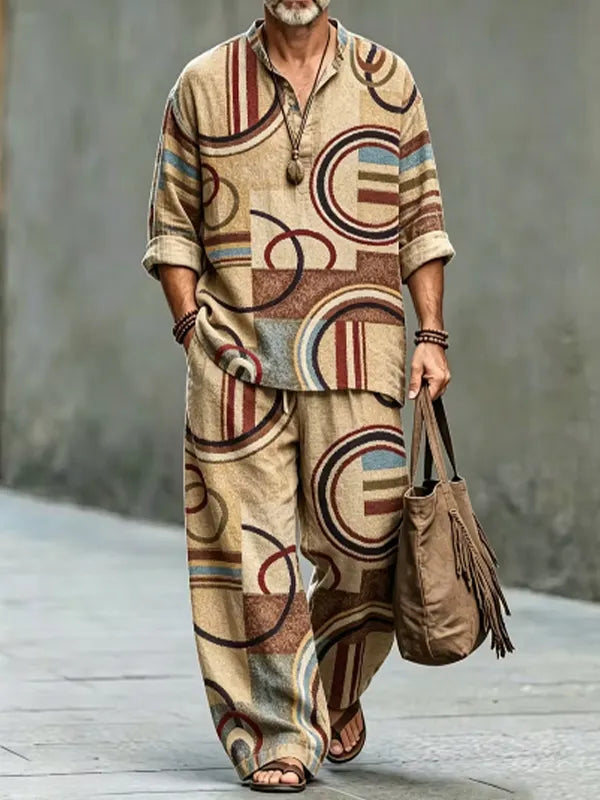 Men's Vintage Geometric Circle Patchwork Print Half Button Long Sleeve Shirt Pants 2pcs Set