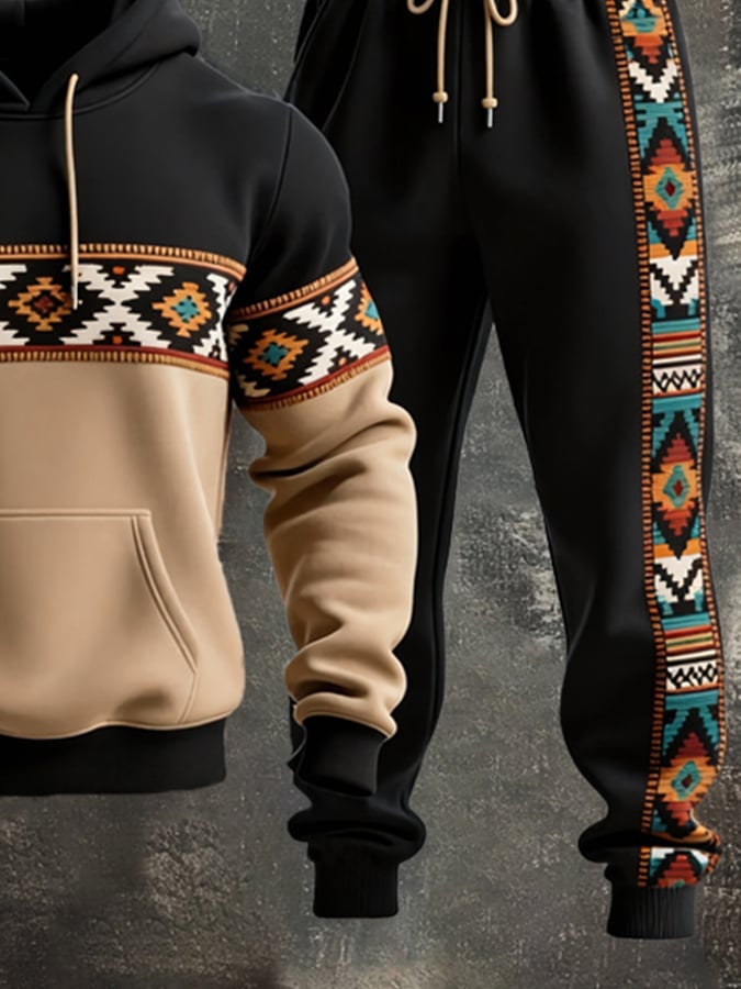 Men's Retro Distressed Contrast Color Hooded Casual Sweatshirt Set