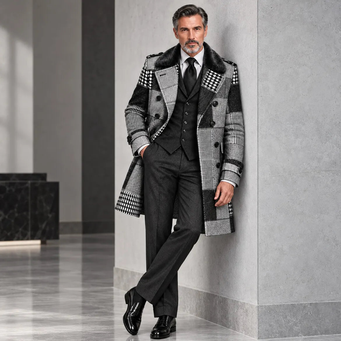 Men's Gray Colorblock Houndstooth Contrast Fluffy Collar Double-Breasted Business Casual Trench Coat