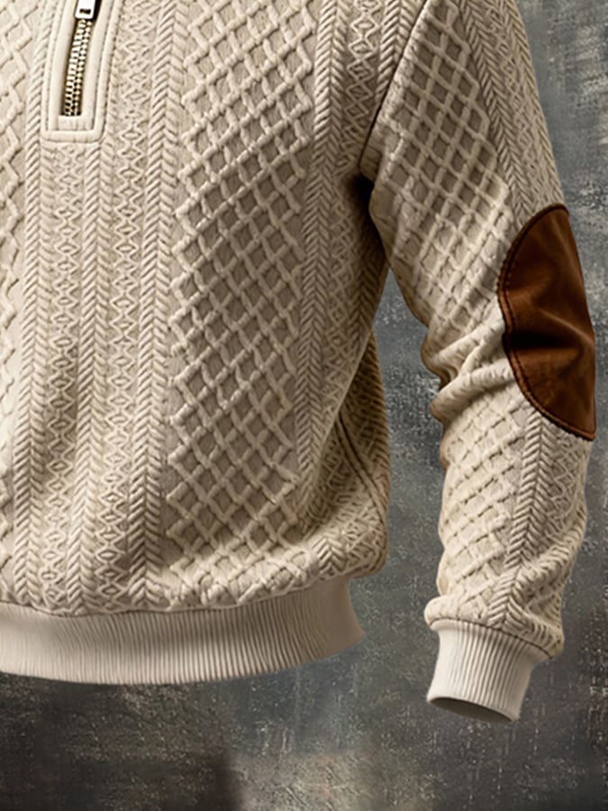 Men'S Vintage Textured Fabric And Suede Patchwork Color-Block Long-Sleeved Sweatshirt