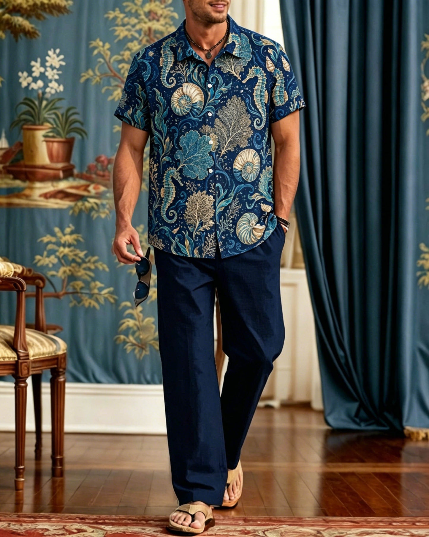 Men's Elegant Retro Lines Short-Sleeve Walking Set